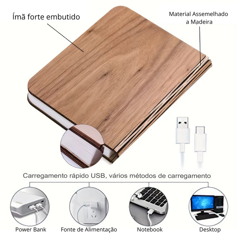 Luminária Livro Mágico™ – Luz Dobrável 3 Cores, USB Recarregável, 10 x 8 cm